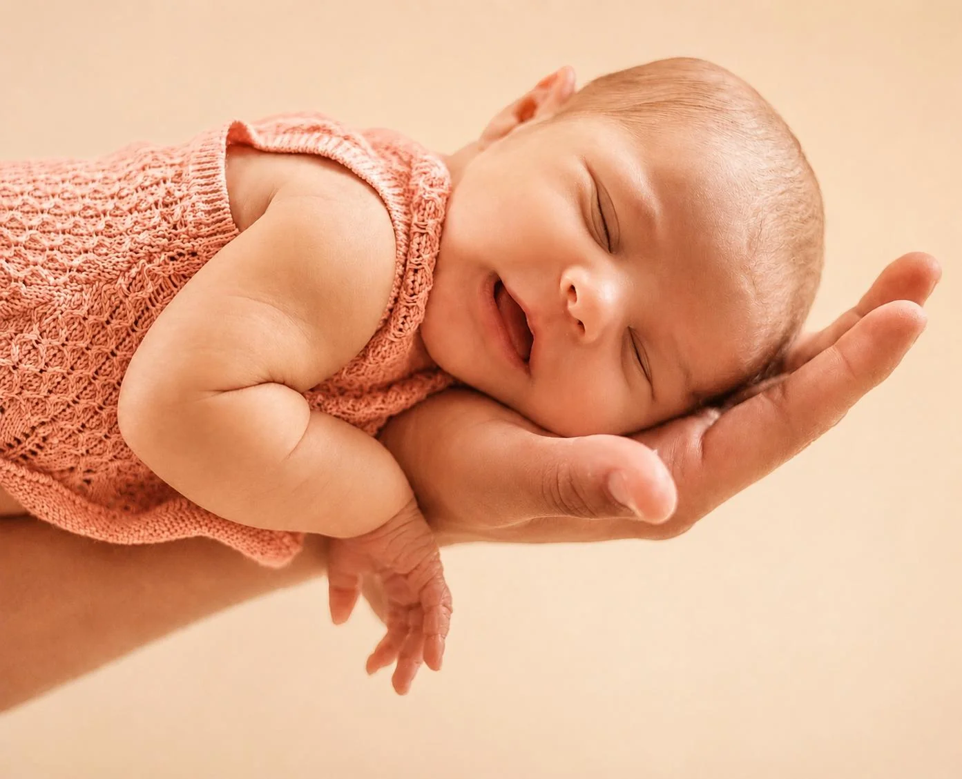 A newborn sleeping softly in a parent's hands