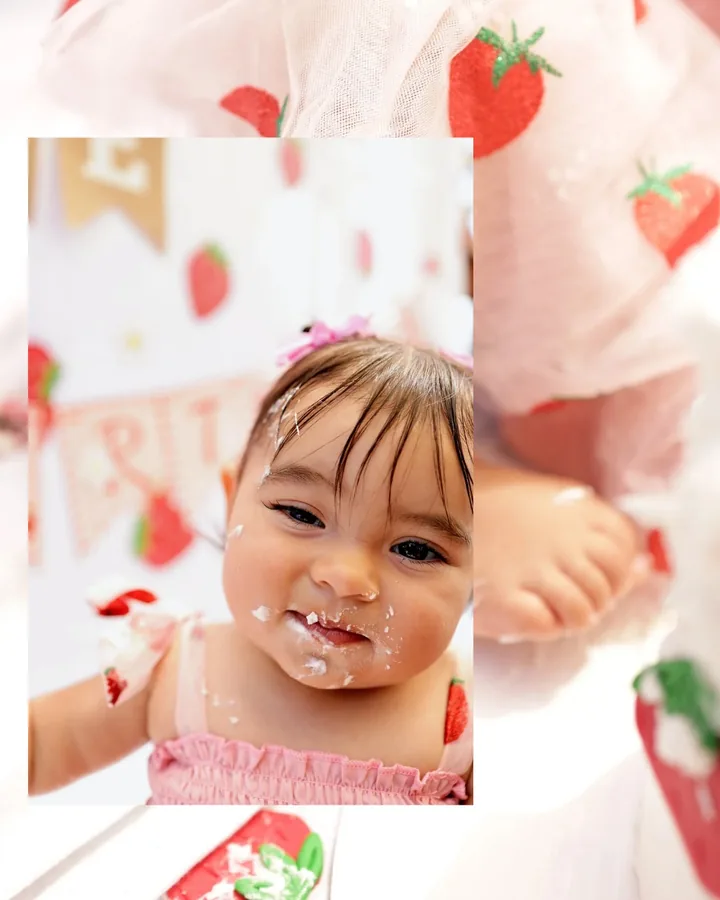 First birthday cake smash collage, frosting on her cheeks