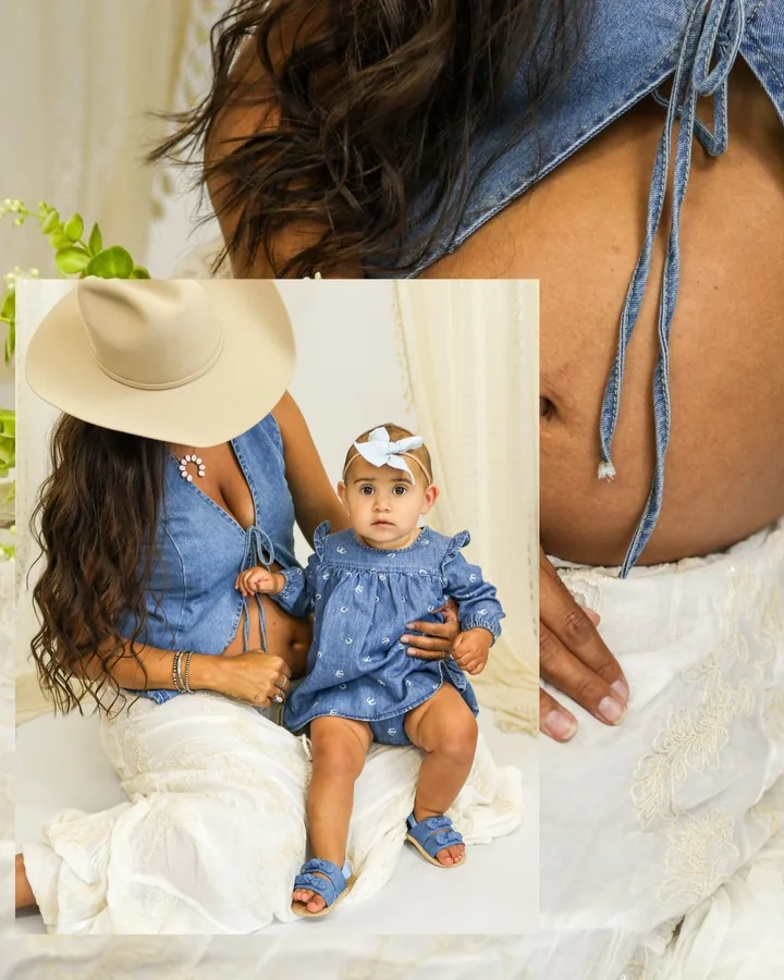 Denim maternity collage, mother and baby girl in matching chambray
