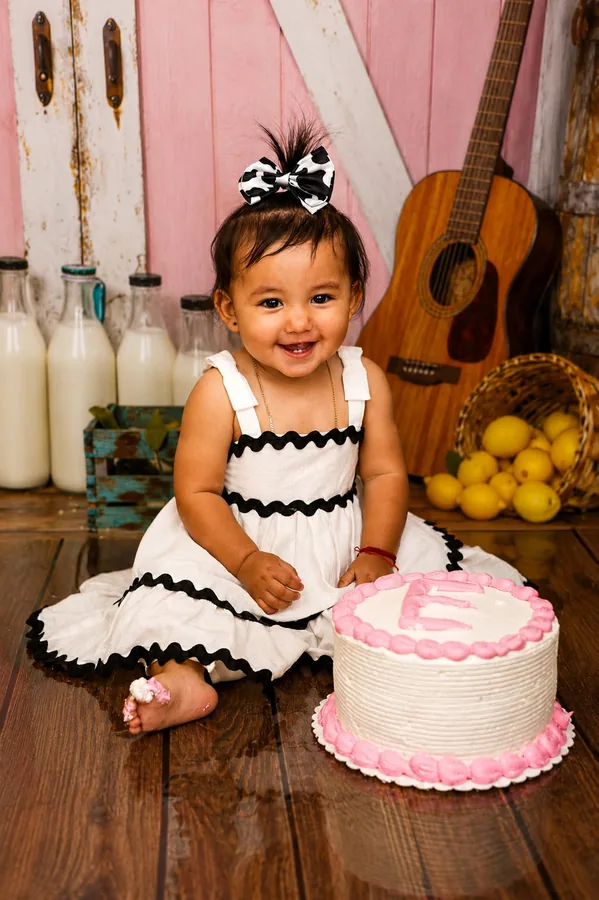 First birthday session with a lemon basket and guitar backdrop