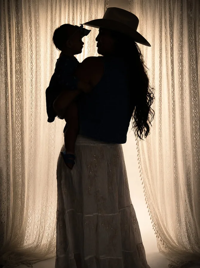 Mother and baby silhouetted against a backlit lace curtain
