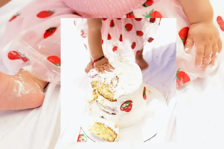 Cake smash collage, both hands in the strawberry cake