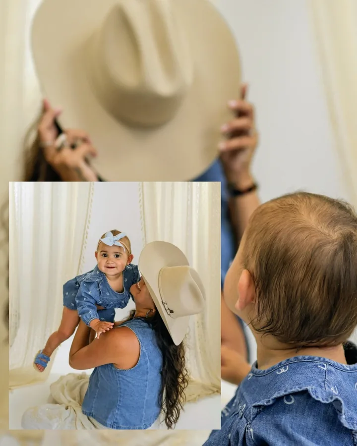 Western studio collage, mother lifting her baby girl