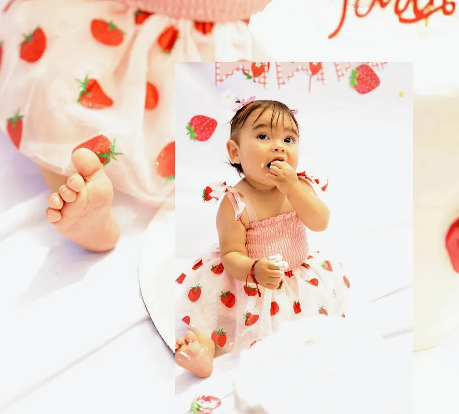 Strawberry cake smash collage in the studio